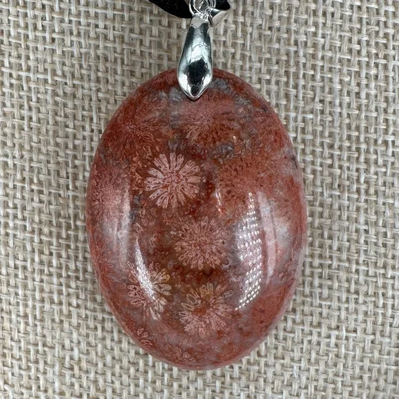 Orange and Pink/Lavender Coral Fossil Oval Pendant on Black Satin Rope - Picture 8 of 12